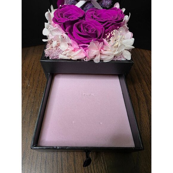 Luxury Black Gift Box With Purple Teddy Bear Preserved Roses & Decorative Flower - Picture 8 of 14
